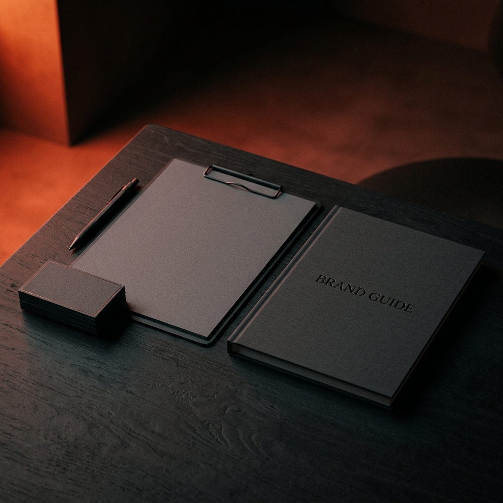 A printed brand guide and stationery system on a dark desk