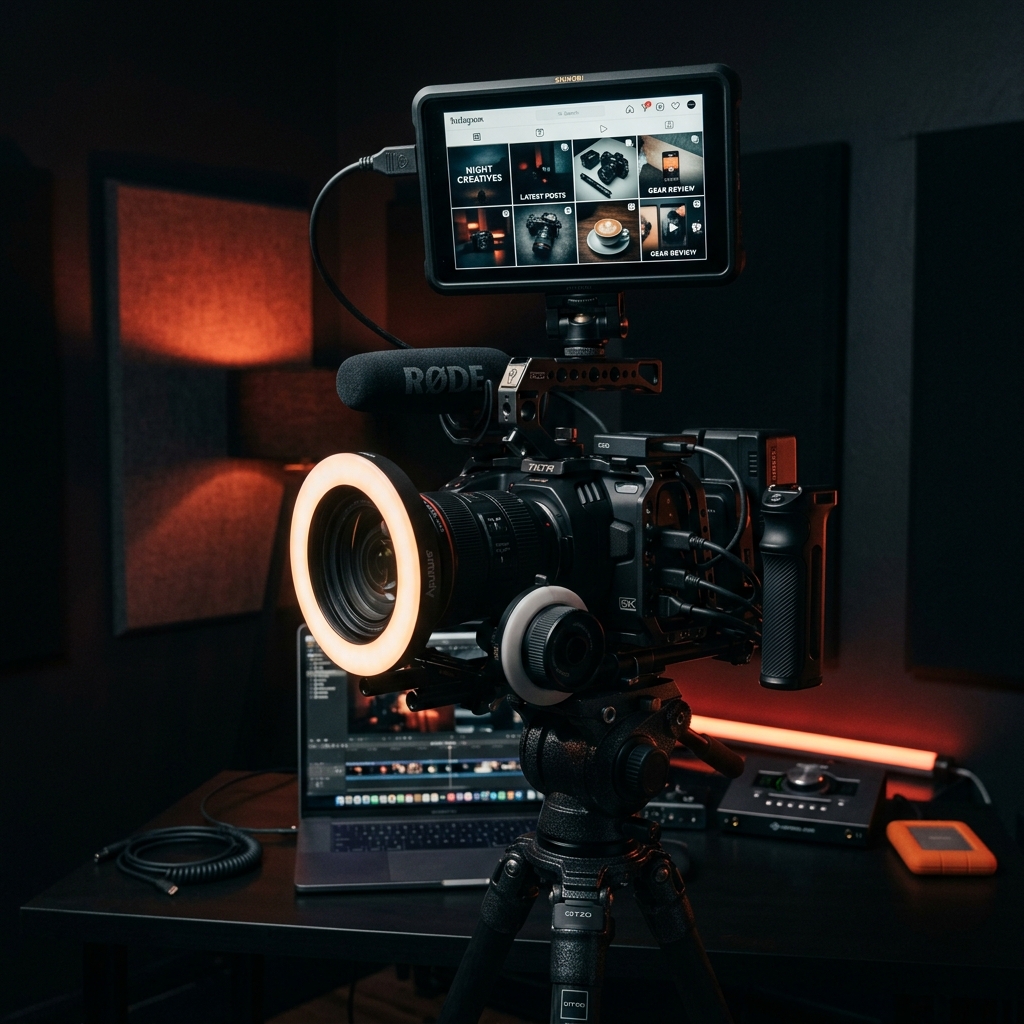 A cinema camera rig lit in warm red on a content production set